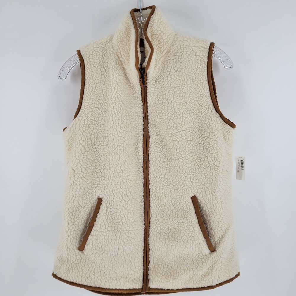 NEW Old Navy Womens Sherpa Fleece Full Zip Vest Cream Brown Trim XS